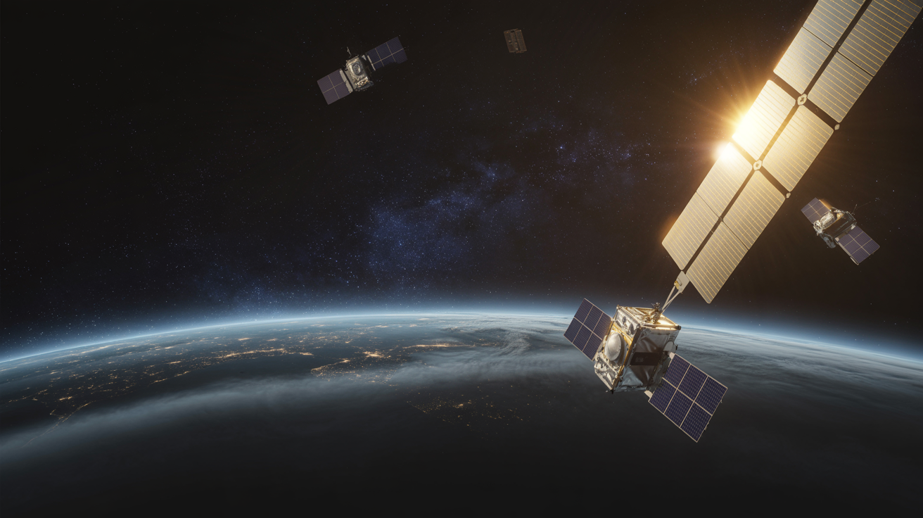 CubeSat satellites orbiting Earth in low Earth orbit, with the curved horizon and thin blue atmosphere visible